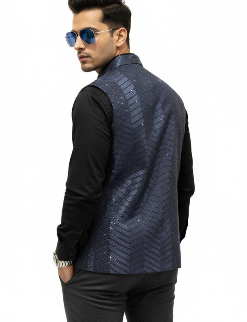 Navy blue sequin embroidery art silk nehru jaket