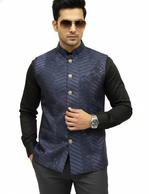 Navy blue sequin embroidery art silk nehru jaket 1