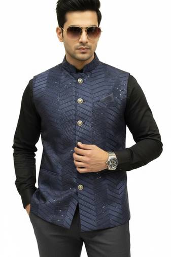 Navy blue sequin embroidery art silk nehru jaket