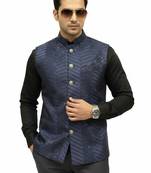 Navy blue sequin embroidery art silk nehru jaket