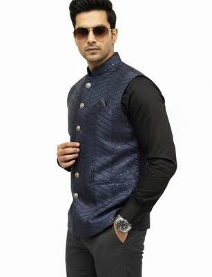 Navy blue sequin embroidery art silk nehru jaket 6