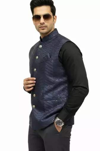 Navy blue sequin embroidery art silk nehru jaket