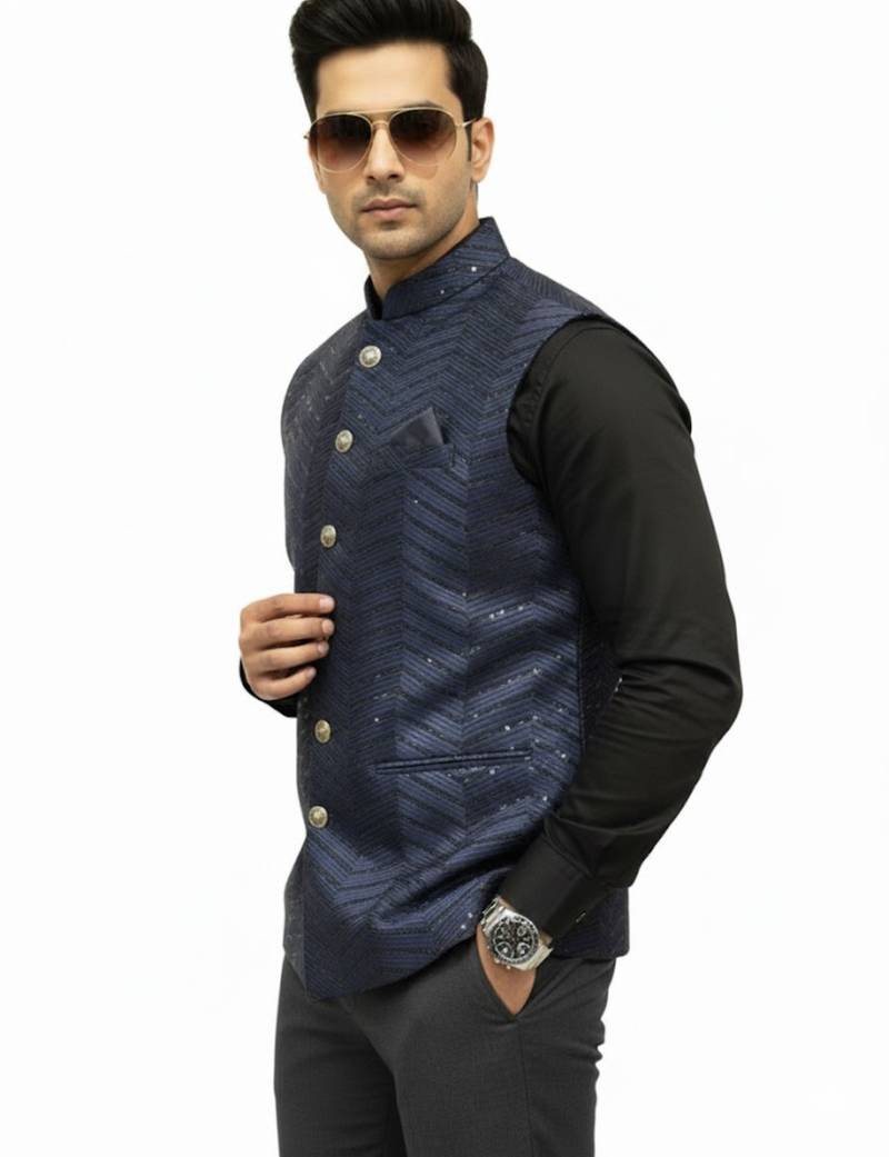 Navy blue sequin embroidery art silk nehru jaket
