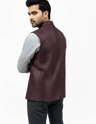 Wine sequin embroidery art silk nehru jaket 5