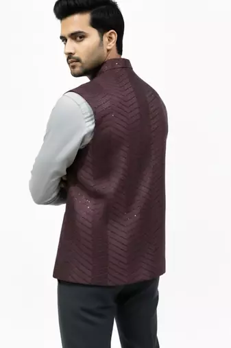 Wine sequin embroidery art silk nehru jaket