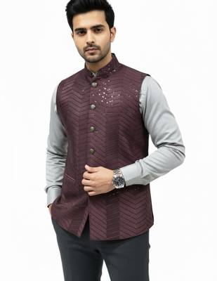 Wine sequin embroidery art silk nehru jaket 1