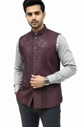 Wine sequin embroidery art silk nehru jaket