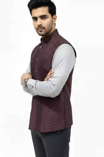 Wine sequin embroidery art silk nehru jaket