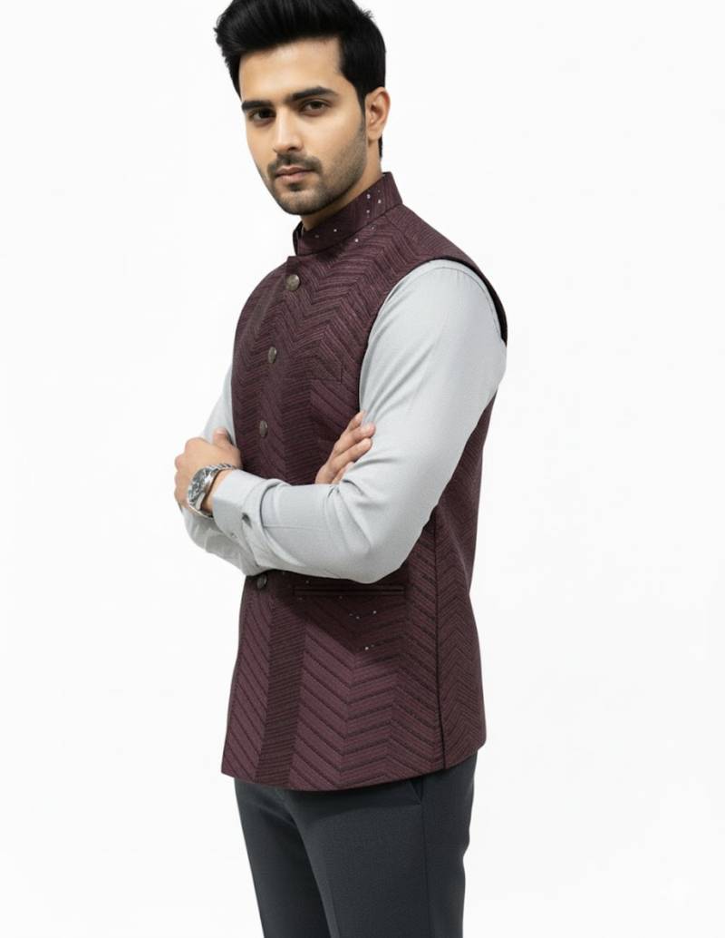 Wine sequin embroidery art silk nehru jaket