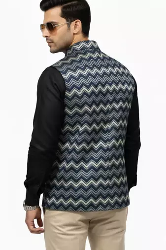 Navy blue chevron zigzag pattern art silk nehru jaket