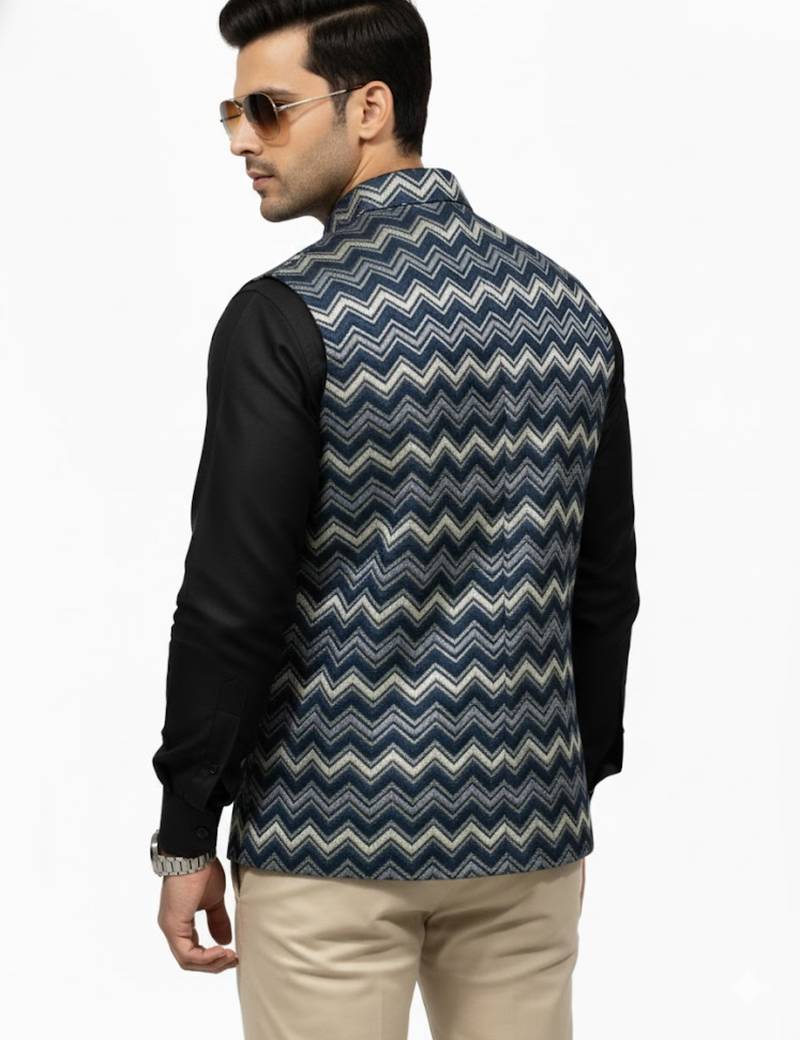 Navy blue chevron zigzag pattern art silk nehru jaket