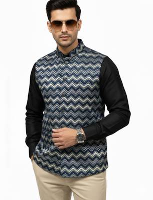 Navy blue chevron zigzag pattern art silk nehru jaket 1