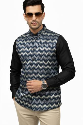 Navy blue chevron zigzag pattern art silk nehru jaket