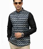 Navy blue chevron zigzag pattern art silk nehru jaket