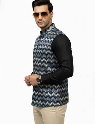 Navy blue chevron zigzag pattern art silk nehru jaket 6