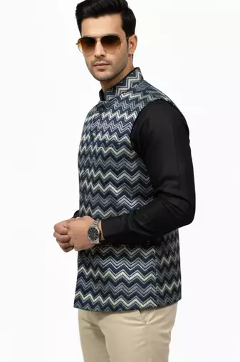 Navy blue chevron zigzag pattern art silk nehru jaket