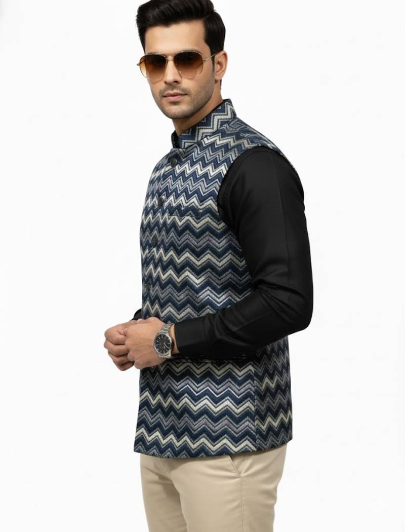 Navy blue chevron zigzag pattern art silk nehru jaket