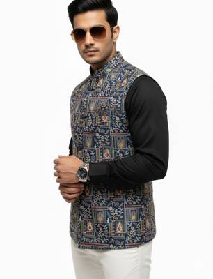 Indigo blue regal heritage art silk nehru jaket 5