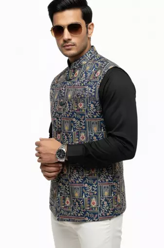 Indigo blue regal heritage art silk nehru jaket
