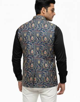 Indigo blue regal heritage art silk nehru jaket 6