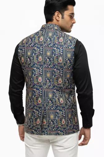 Indigo blue regal heritage art silk nehru jaket