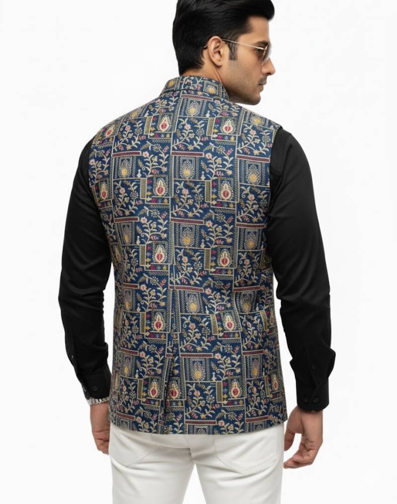 Indigo blue regal heritage art silk nehru jaket