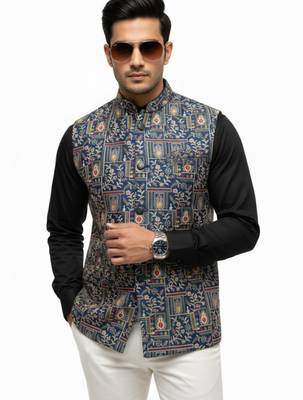 Indigo blue regal heritage art silk nehru jaket 1