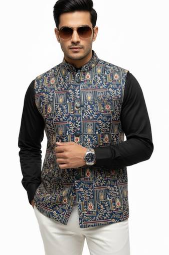 Indigo blue regal heritage art silk nehru jaket