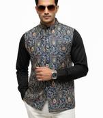 Indigo blue regal heritage art silk nehru jaket