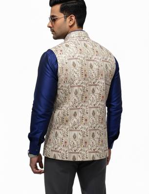 Beige regal heritage art silk nehru jaket 5
