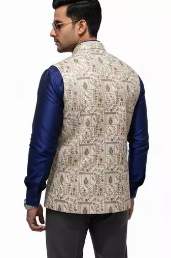 Beige regal heritage art silk nehru jaket