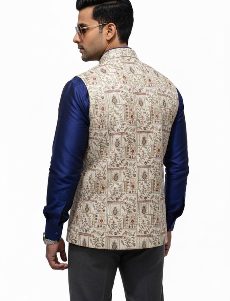 Beige regal heritage art silk nehru jaket