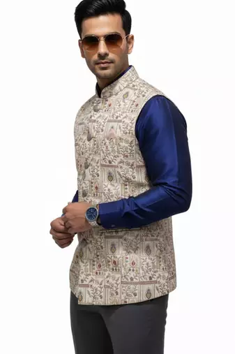 Beige regal heritage art silk nehru jaket