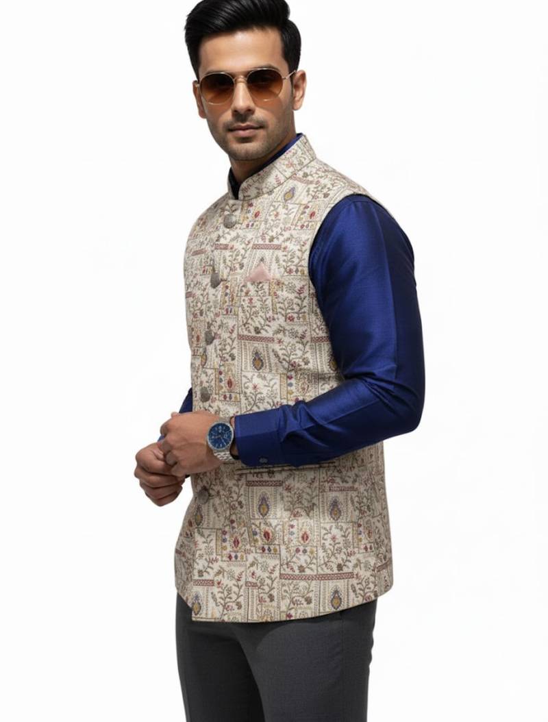 Beige regal heritage art silk nehru jaket