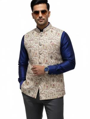 Beige regal heritage art silk nehru jaket 1