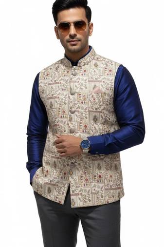 Beige regal heritage art silk nehru jaket