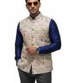 Beige regal heritage art silk nehru jaket