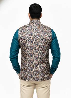 Multicolor vibrant all-over floral print art silk nehru jaket 5