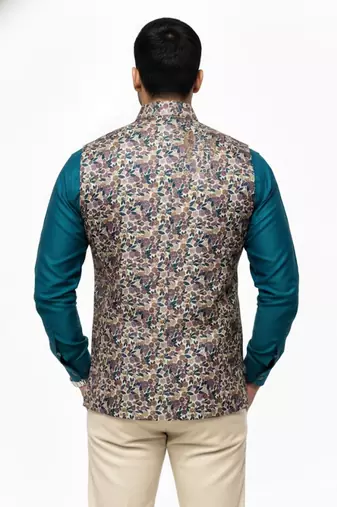 Multicolor vibrant all-over floral print art silk nehru jaket