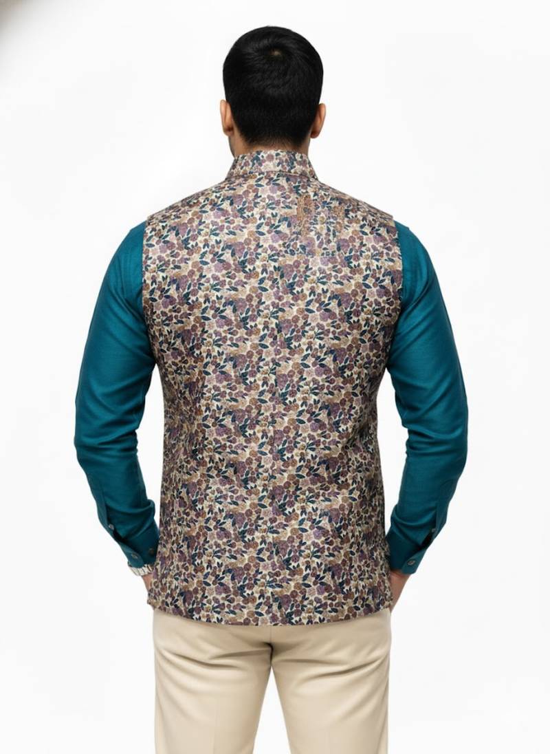Multicolor vibrant all-over floral print art silk nehru jaket