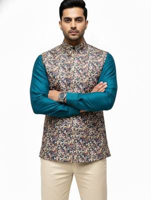 Multicolor vibrant all-over floral print art silk nehru jaket 1