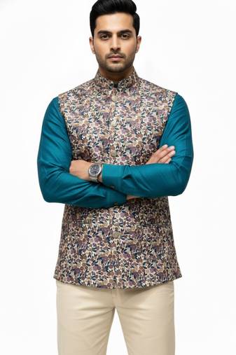 Multicolor vibrant all-over floral print art silk nehru jaket