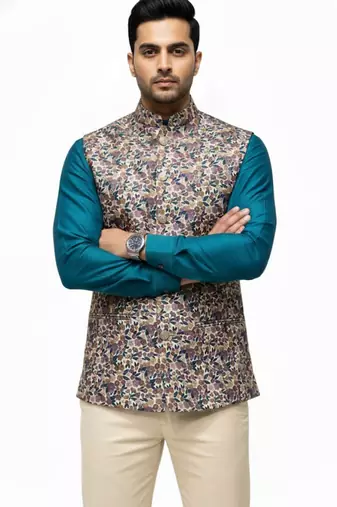 Multicolor vibrant all-over floral print art silk nehru jaket