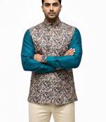 Multicolor vibrant all-over floral print art silk nehru jaket