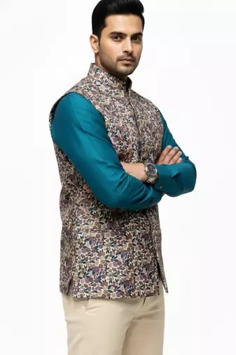 Multicolor vibrant all-over floral print art silk nehru jaket