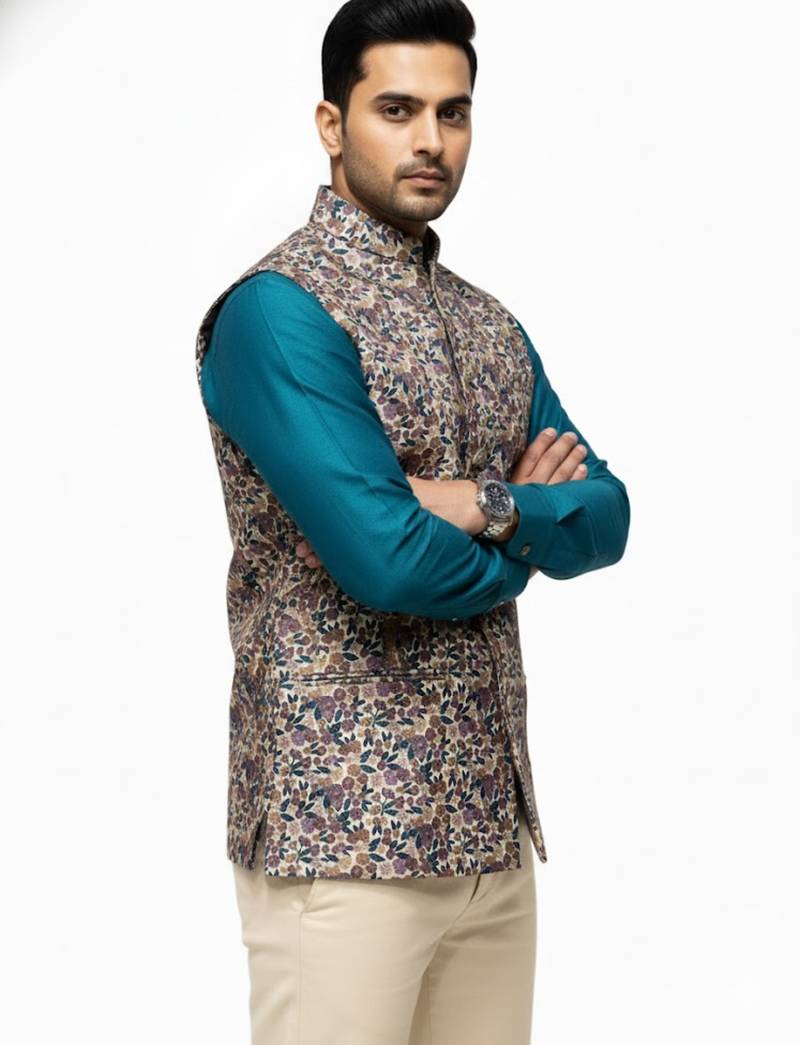 Multicolor vibrant all-over floral print art silk nehru jaket