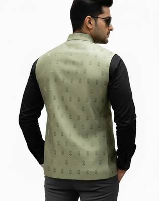 Mehndi green sage regalia art silk nehru jaket 4