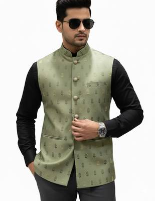 Mehndi green sage regalia art silk nehru jaket 1