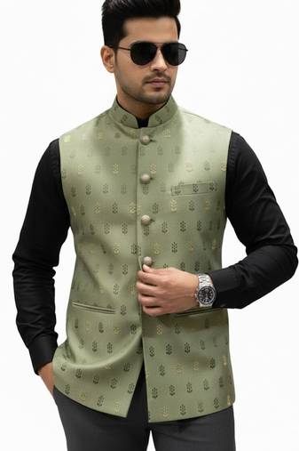 Mehndi green sage regalia art silk nehru jaket