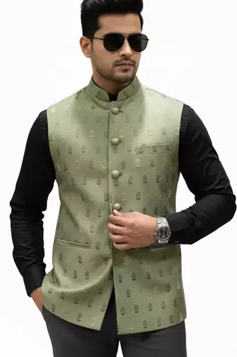 Mehndi green sage regalia art silk nehru jaket
